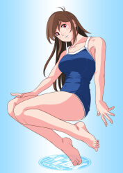1girl absurdres artist_logo blue_background blue_one-piece_swimsuit breasts brown_hair collarbone full_body gradient_hair highres logo long_hair multicolored_hair one-piece_swimsuit original red_eyes solo swimsuit toes yukikaze_(isamiashi)