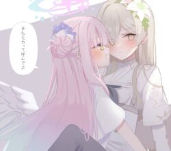 2girls @_@ angel_wings black_neckerchief blue_archive blue_bow blue_bowtie blush bow bowtie brown_eyes brown_hair capelet commentary_request dress flower hair_bun hair_flower hair_ornament halo heart long_hair long_sleeves looking_at_another mika_(blue_archive) multiple_girls nagisa_(blue_archive) neckerchief open_mouth pink_hair pink_halo ringochan_txt sailor_collar shadow smile sweatdrop translation_request white_capelet white_dress wings yellow_eyes