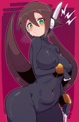 Rule 34 | 1girl, absurdres, aile (mega man zx), arched back, black bodysuit, blush, bodysuit, bracelet, breasts, brown hair, buzzlyears, covered erect nipples, covered navel, green eyes, highres, jewelry, large breasts, long hair, mega man (series), mega man zx, mega man zx advent, ponytail, robot ears, solo