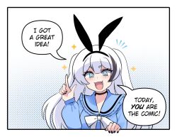 1girl :d animal_ear_hairband animal_ears black_choker black_hairband black_nails black_streaks blue_eyes blue_shirt blush border breasts bright_pupils choker commentary double-parted_bangs english_commentary english_text fake_animal_ears fang fourth_wall hair_between_eyes hairband hand_up highres index_finger_raised long_hair long_sleeves looking_at_viewer multicolored_hair open_mouth original rabbit_ear_hairband rabbit_ears ryuuxin sally_sinclair shirt smile solo speech_bubble streaked_hair talking two_side_up white_background white_border white_hair white_pupils