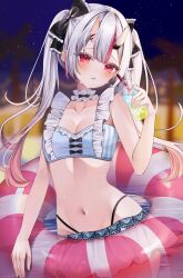 1girl bikini bikini_skirt blue_bikini blurry blurry_background blush bow breasts center-flap_bangs choker cleavage commentary cup disposable_cup frilled_bikini frilled_choker frills gradient_hair grey_hair hair_between_horns hair_bow hand_up highleg highleg_bikini highres holding holding_cup hololive horns long_hair looking_at_viewer multicolored_hair nakiri_ayame nakiri_ayame_(hololive_summer_2019) navel night official_alternate_costume ohagetty oni outdoors pool pout red_eyes red_hair skin-covered_horns skirt small_breasts solo stomach swim_ring swimsuit virtual_youtuber white_choker white_skirt