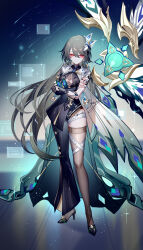 1girl artist_name asymmetrical_clothes asymmetrical_pants black_bridal_gauntlets black_dress black_gloves black_pants black_shoes bridal_gauntlets bright_pupils closed_mouth crossed_arms dress floating_hair full_body gloves grey_hair grey_thighhighs hair_between_eyes hair_ornament half_gloves high_heels highres honkai_(series) honkai_impact_3rd long_hair looking_at_viewer official_alternate_costume pants red_eyes sheya shoes short_dress signature single_glove single_pantsleg smile solo standing thighhighs very_long_hair vita_(honkai_impact) vita_(lone_planetfarer)_(honkai_impact) white_pupils