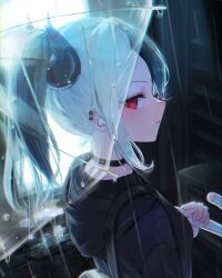1girl absurdres bag black_bag black_choker black_hair black_hoodie blue_archive blush choker closed_mouth demon_girl demon_horns ear_piercing earphones from_side highres holding holding_bag holding_umbrella hood hoodie horns kayoko_(blue_archive) kkaru multicolored_hair piercing ponytail rain red_eyes solo transparent transparent_umbrella two-tone_hair umbrella white_hair