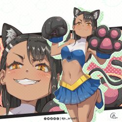 1girl animal_ear_fluff animal_ears animal_hands artist_name artstation_logo black_gloves black_hair blue_shoes blue_skirt blush breasts cat_ears cat_tail cheerleader commentary cowboy_shot evil_smile fang gloves grin highres holding holding_pom_poms ijiranaide_nagatoro-san instagram_logo jk_arts long_hair midriff miniskirt nagatoro_hayase navel orange_eyes paw_gloves pom_pom_(cheerleading) pom_poms shoes signature skin_fang skirt small_breasts smile solo tail tiktok_logo twitch_logo twitter_logo twitter_username zoom_layer