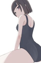 1girl black_eyes black_hair black_one-piece_swimsuit breasts highres hiroki_(yyqw7151) looking_at_viewer looking_back one-piece_swimsuit original simple_background small_breasts solo swimsuit thighs white_background