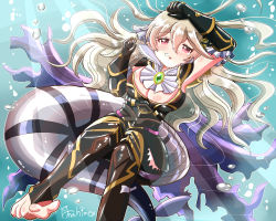 1girl amahime_kaichou armor ascot bad_feet barefoot black_armor blonde_hair breasts brooch bubble cape cleavage corrin_(female)_(fire_emblem) corrin_(female)_(nohr_noble)_(fire_emblem) corrin_(fire_emblem) dragon_tail fire_emblem fire_emblem_fates gauntlets greaves highres jewelry large_breasts looking_at_viewer nintendo official_alternate_costume solo tail toeless_legwear torn_cape torn_clothes underwater