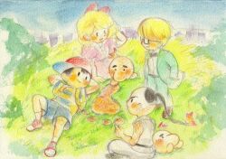 1girl 3boys artist_request bad_tag black_hair blonde_hair child doseisan grass hat jeff_andonuts legs lolidress lying mother_(series) mother_2 multiple_boys ness_(mother_2) nintendo outdoors paula_(mother_2) poo_(mother_2) shirt shorts smile source_request