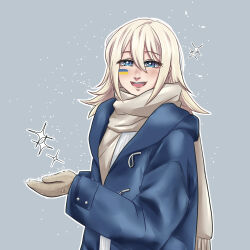 Rule 34 | 1girl, absurdres, blonde hair, blue coat, blue eyes, blue jacket, blush, coat, facepaint, fang, fur gloves, gloves, hair between eyes, henna (hentaiukr), hentaiukr, highres, holding, holding leaf, jacket, korzynka persykiv, layered clothes, leaf, light smile, looking at viewer, open mouth, original, outdoors, paint, ribbed sweater, scarf, sidelocks, signature, simple background, snow, snowing, solo, sweater, tongue, ukraine, ukrainian flag, watermark, white scarf, white sweater, winter, winter clothes, winter gloves, winter uniform