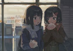 2girls :d backpack bag black_bag black_coat black_eyes black_hair blue_coat blunt_bangs blush coat convenience_store dark dot_nose food hair_ornament hairclip hands_up highres holding holding_food jitome long_hair long_sleeves looking_at_another multiple_girls night no_pupils open_mouth original plaid_clothes plaid_scarf red_scarf scarf shop short_hair shoulder_bag smile standing steamed_bun straight_hair umipi white_scarf