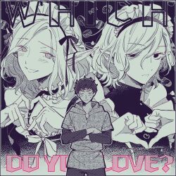 3boys alternate_costume apron bags_under_eyes blush crossdressing crossed_arms dark-skinned_male dark_skin dungeon_meshi elf enmaided greyscale heart heart_hands highres hood hoodie kabru lazy_eye maid maid_apron maid_headdress male_focus male_maid medium_hair mithrun mithrun_(young) monochrome multiple_boys nameko_(pixiv605672) notched_ear open_mouth pointy_ears short_hair smile spot_color sweatdrop uneven_eyes wavy_hair yaoi