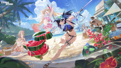 absurdres artist_request baseball_cap beach bikini black_survival character_request cloud cloudy_sky diving_mask diving_mask_on_head eternal_return:_black_survival food frilled_bikini frills fruit goggles goggles_on_head hat highres holding holding_sword holding_weapon one_eye_closed palm_tree sand sandals sitting sky swimsuit sword tree tsubame_(black_survival) twintails watermelon weapon