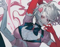1boy absurdres albino_(a1b1n0623) angel_dust animification black_bow body_fur bow breasts buttons cleavage elbow_gloves extra_arms gloves gold_teeth grey_hair hazbin_hotel heterochromia highres looking_at_viewer male_with_breasts pink_shirt sharp_teeth shirt short_hair teeth