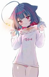 anchor anglerfish_girl antennae anyuu arms_up bare_legs bare_shoulders choker fish_skeleton fishing_lure flat_chest hair_tie highres indie_virtual_youtuber kitanya_nyanta light_blush light_smile multicolored_hair oversized_clothes oversized_shirt pale_skin panties petite red_eyes shirt short_twintails sleepwear small_hands striped_clothes striped_panties twintails underwear virtual_youtuber white_shirt