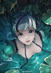 1girl absurdres afk_(series) afk_journey armor artist_name black_eyes black_gloves black_hair blurry braid breasts breasts_apart caustics closed_mouth collar_jewel from_above gem gloves green_gemstone highres lily_may_(afk) lily_pad long_eyelashes looking_at_viewer multicolored_hair partially_submerged portrait purple_hair rain ripples shoulder_armor side_braid skyler small_breasts solo white_hair