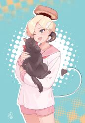 1girl :d animal aqua_background black_cat blonde_hair borrowed_character bow cat dated demon_tail e_(eokiba) earclip food_halo hair_ornament halftone halftone_background highres holding holding_animal holding_cat horns long_sleeves low_horns one_eye_closed open_mouth original pink_sailor_collar pink_shorts red_bow sailor_collar shirt short_hair shorts smile solo tail white_shirt wing_hair_ornament