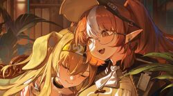 Rule 34 | 2girls, :d, animal ears, arknights, black choker, blonde hair, brigid (arknights), brown hair, chinese commentary, choker, close-up, closed mouth, commentary request, dog ears, dog girl, earrings, fangs, glasses, grey-framed eyewear, hair between eyes, hairband, heads together, highres, indoors, jewelry, leaning, leaning on person, long hair, multicolored hair, multiple girls, open mouth, plant, pointy ears, portrait, semi-rimless eyewear, smile, streaked hair, teeth, tianqing zhaoxue, under-rim eyewear, upper teeth only, visor cap, white hair, wulfenite (arknights), yellow eyes, yellow hairband