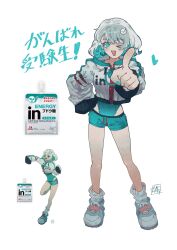 &gt;_o 1girl absurdres aqua_eyes aqua_hair aqua_nails aqua_one-piece_swimsuit aqua_shorts bare_legs colored_inner_hair cropped_jacket drawstring english_text fingerprint foreshortening full_body hair_ornament hand_on_own_hip heart highres index_finger_raised jacket legs_apart long_sleeves looking_at_viewer loose_socks medium_hair morinaga_(brand) multicolored_hair multiple_views nail_polish one-piece_swimsuit one_eye_closed original oversized_zipper personification shoes short_shorts shorts signature simple_background sneakers socks sokura_(mochichitose) standing swimsuit swimsuit_under_clothes weider_in_jelly white_background white_hair white_jacket white_socks zipper zipper_pull_tab