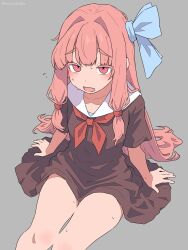 Rule 34 | 1girl, dress, fang, flying sweatdrops, highres, kotonoha akane, semicolonize, sitting, skin fang, solo, thighs, voiceroid
