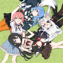 5girls :d absurdres ahoge anger_vein animal_ear_fluff animal_ears aqua_bow aqua_eyes aqua_hair arm_up black_choker black_hair black_hoodie black_ribbon blue_eyes blue_hair blue_skirt blush bow breasts buttons cheek_pull choker closed_mouth collarbone commentary commentary_request costume_request cover cowboy_shot derivative_work dot_nose double_v expressionless felutiahime fox_ears fox_girl fox_tail frilled_skirt frills from_above frown furrowed_brow girls_band_cry grass green_eyes hair_between_eyes hair_intakes hand_on_another&#039;s_head hands_up highres hololive hood hood_down hoodie hoshimachi_suisei jewelry light_blush long_eyelashes long_hair long_sleeves lying lying_on_another lying_on_person medium_breasts messy_hair multiple_girls naked_hoodie name_connection necklace on_back on_grass ookami_mio oozora_subaru open_mouth orange_nails orange_pantyhose pantyhose pentagram_print pinstripe_pattern pinstripe_skirt poster_parody red_bow red_hoodie ribbon sakura_miko shirakami_fubuki short_sleeves sidelocks skirt small_breasts smile star_(symbol) star_in_eye symbol_in_eye tail two-sided_fabric two-tone_hoodie v very_long_hair virtual_youtuber white_hair white_hoodie wolf_ears wolf_girl wolf_tail wrist_cuffs