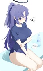 1girl absurdres adjusting_buruma adjusting_clothes bare_legs black_shirt blue_archive blush bottle breasts buruma halo highres large_breasts long_sleeves looking_to_the_side paper ponytail purple_hair shirt simple_background sitting solo t-shirt water_bottle white_background yuuka_(blue_archive) yuuka_(track)_(blue_archive) yuzb