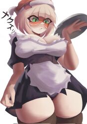 1girl alternate_costume arms_(game) blonde_hair breasts cleavage highres large_breasts maid min_min_(arms) naxless nintendo serving_tray simple_background solo solo_focus thick_thighs thighhighs thighs white_background