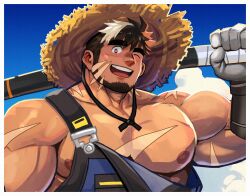Rule 34 | 1boy, another eidos-r, bara, beard, blue overalls, blue sky, blush, cloud, cross scar, facial hair, facial scar, gloves, grey gloves, hat, highres, looking at viewer, male focus, multicolored hair, multiple scars, muscular, muscular male, nipples, one eye closed, open mouth, overalls, pectorals, red eyes, scar, scar on cheek, scar on chest, scar on face, scar on shoulder, sky, smile, sol (another eidos), straw hat, streaked hair, suamaru