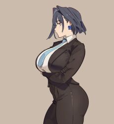 blue_necktie breasts button_gap commentary formal_clothes highres hololive hololive_english large_breasts necktie ouro_kronii pomuya suit thick_thighs thighs tight_clothes