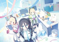 3girls :d animal_ear_headphones animal_ears aris_(blue_archive) birthday black_hair black_hairband black_shorts black_thighhighs blonde_hair blue_archive blue_eyes blue_halo blue_necktie blunt_bangs blush bow box bright_pupils cat_ear_headphones clenched_hands closed_mouth collared_shirt commentary confetti cowboy_shot day desk double-parted_bangs fake_animal_ears frown furrowed_brow gift green_bow green_halo hair_between_eyes hair_bow hairband halo hands_up happy happy_birthday harrybeace headphones heart-shaped_box highres holding holding_gift indoors jacket long_hair long_hair_between_eyes long_sleeves looking_at_viewer medium_hair midori_(blue_archive) momoi_(blue_archive) multiple_girls necktie office one_side_up open_clothes open_jacket open_mouth peroro_(blue_archive) pink_halo plant potted_plant pov puffy_long_sleeves puffy_sleeves rectangular_halo red_bow red_eyes ringed_eyes school_uniform shirt shorts siblings sisters smile standing straight_hair stuffed_animal stuffed_toy tareme teeth thighhighs tile_floor tiles twins upper_teeth_only very_long_hair w_arms white_jacket white_pupils white_shirt wide_sleeves window zettai_ryouiki