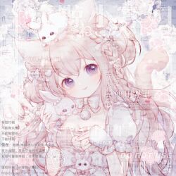 1girl animal animal_ear_fluff animal_ears animal_on_head animated animated_gif bell blinking blue_sky boqing_xiao_guafu bow bowtie braid cat_ears cat_girl cat_tail cherry_blossoms cleavage_cutout closed_mouth clothing_cutout collarbone commission day eyelashes fingerless_gloves frilled_sleeves frills gloves hair_bow hand_on_own_chest happy head_tilt heart_cutout light_blush lips multiple_hair_bows neck_bell on_head open_mouth original outdoors petting pink_bow pink_lips puffy_short_sleeves puffy_sleeves purple_eyes rabbit rabbit_on_head rabbit_on_shoulder sample_watermark short_sleeves single_braid sky smile solo spring_(season) square_neckline tail tail_wagging tareme teeth too_many_watermarks two_side_up upper_body upper_teeth_only waist_bow watermark white_bow white_bowtie white_gloves wrist_bow