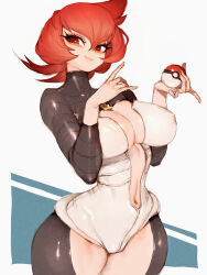 1girl breasts female_focus fumio_(rsqkr) highres holding holding_poke_ball large_breasts logo mars_(pokemon) nintendo poke_ball pokemon pokemon_dppt red_eyes red_hair short_hair team_galactic team_galactic_uniform thick_thighs thighs