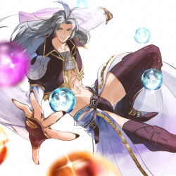 Rule 34 | 1boy, abs, ball, bishounen, black boots, black jacket, black nails, black thighhighs, boots, codpiece, cropped jacket, feather hair ornament, feathers, final fantasy, final fantasy ix, fingernails, floating, foot out of frame, gold trim, grey hair, hair ornament, jacket, kuja, long fingernails, long hair, makuramuika, male focus, midriff, outstretched hand, parted bangs, showgirl skirt, smile, solo, sparkle, thigh boots, thighhighs, white background, white sleeves