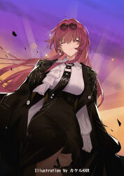 1girl alternate_costume alternate_hair_length alternate_hairstyle artist_name black_jacket black_necktie black_pantyhose black_skirt breasts closed_mouth collared_shirt commentary_request cowboy_shot earrings eyewear_on_head glasses high-waist_skirt highres honkai:_star_rail honkai_(series) jacket jewelry kafka_(honkai:_star_rail) large_breasts long_hair looking_at_viewer necktie one_eye_closed pantyhose pince-nez purple_eyes purple_hair round_eyewear shirt skirt smile solo srpzk sunglasses white_shirt