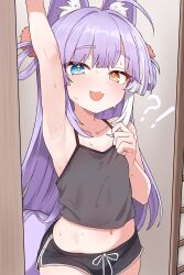 1girl :3 absurdres animal_ears arm_up armpits bare_shoulders black_shirt black_shorts blue_eyes camisole commentary_request cowboy_shot crop_top dolphin_shorts drawstring fang fox_ears hair_ornament hair_rings hand_up heterochromia highres korean_commentary long_hair looking_at_viewer midriff multicolored_hair navel open_mouth pom_pom_(clothes) pom_pom_hair_ornament purple_hair saho_4545 shirt short_shorts shorts sleeveless sleeveless_shirt smile solo stellive stomach streaked_hair sweat tenko_shibuki very_long_hair virtual_youtuber yellow_eyes