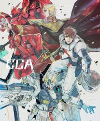 2boys amuro_ray axe beam_rifle blonde_hair brown_hair cape char&#039;s_counterattack char_aznable energy_gun green_eyes gun gundam handgun helmet highres holding holding_axe holding_gun holding_helmet holding_weapon kare_(0621utak) mecha mecha_pilot_suit mobile_suit multiple_boys normal_suit_(gundam) nu_gundam one-eyed open_hand pilot_suit pistol red_cape robot sazabi science_fiction unworn_headwear unworn_helmet v-fin weapon