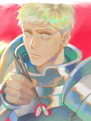 Rule 34 | absurdres, armor, blonde hair, breastplate, chopsticks, closed mouth, dungeon meshi, expressionless, hand up, hieumay, highres, holding, holding chopsticks, laios touden, lips, looking to the side, nose, pauldrons, plate armor, red background, short hair, shoulder armor, upper body, yellow eyes