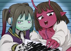 2girls 4shi android antenna_hair black_eyes blue_hair blunt_bangs bright_pupils brown_hair chiharu_(milky_highway) clenched_teeth collarbone colored_skin commentary_request crossed_out fingernails gradient_hair half-closed_eyes highres jacket jersey makina_(milky_highway) mechanical_ears mechanical_hands milky_highway mugshot multicolored_hair multiple_girls off-shoulder_sweater off_shoulder open_clothes open_jacket pointy_ears purple_eyes purple_jacket red_hair red_skin sharp_fingernails smug sweater teeth twintails upper_body white_jacket white_pupils white_sweater