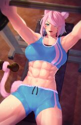 1girl abs absurdres animal_ears barbell bench_press blue_eyes breasts buttslayer cat_ears cat_girl cat_tail dumbbell exercising facial_mark final_fantasy final_fantasy_xiv green_eyes gym hair_over_one_eye highres large_breasts muscular muscular_female open_mouth pink_hair shorts solo sweat tail tank_top whisker_markings