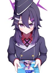 Rule 34 | 1girl, black jacket, black necktie, blue archive, blush, book, double-parted bangs, garrison cap, hair between eyes, hair flaps, halo, haruka (blue archive), hat, highres, holding, holding book, jacket, long hair, long sleeves, looking at viewer, necktie, purple eyes, purple hair, red shirt, relief 07, shirt, simple background, smile, solo, upper body, white background