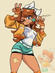 bandaid bandaid_on_face bandaid_on_nose bike_shorts bike_shorts_under_shorts blue_eyes brown_hair crossed_bandaids earrings fingerless_gloves gloves headband highres jacket jewelry laz_gm mario_(series) mario_kart mario_kart_world nintendo one_eye_closed open_clothes open_jacket orange_gloves princess_daisy shirt short_shorts shorts v white_shirt yellow_jacket
