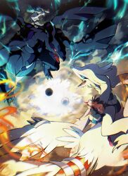 1boy 1girl black_vest blue_eyes blurry brown_hair electricity exposed_pocket fire floating_hair gen_5_pokemon green_hair hand_on_headwear hat highres hilda_(pokemon) legendary_pokemon light_stone_(pokemon) long_hair n_(pokemon) nintendo pants pokemon pokemon_(creature) pokemon_bw reshiram riding riding_pokemon selyg15 shirt shorts sleeveless sleeveless_shirt vest white_shirt zekrom