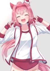Rule 34 | 1girl, :d, ^ ^, absurdres, animal ears, bandaid on thigh, blush, bow, buruma, closed eyes, commentary request, cowboy shot, ear bow, ear covers, facing viewer, fingerless gloves, gloves, grey background, hair intakes, haru urara (umamusume), headband, highres, horse ears, horse girl, jacket, long hair, open clothes, open jacket, open mouth, pink hair, ponytail, red buruma, red gloves, red headband, shirt, sleeves rolled up, smile, solo, uji (966qrr), umamusume, white bow, white jacket, white shirt, zipper, zipper pull tab