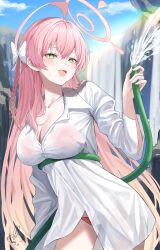 1girl absurdres ahoge awa_(awao141) bikini bikini_under_clothes blue_archive blue_sky blush bow braid breasts cleavage collarbone commentary_request cowboy_shot day green_eyes hair_bow halo hanako_(blue_archive) hanako_(swimsuit)_(blue_archive) highres holding holding_hose hose huge_ahoge large_breasts long_hair official_alternate_costume open_collar open_mouth outdoors oversized_clothes oversized_shirt partially_unbuttoned pink_bikini pink_hair pink_halo see-through_clothes see-through_shirt shirt single_braid sky smile solo swimsuit thighs water waterfall white_bow