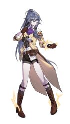 Rule 34 | 1girl, absurdres, ascot, belt, black shorts, blue eyes, boots, brown boots, brown coat, brown gloves, coat, collared shirt, commentary request, electricity, fu hua, fu hua (hawk of the fog), fu hua (valkyrie accipiter), full body, gloves, grey hair, hair between eyes, high ponytail, highres, honkai (series), honkai impact 3rd, korean commentary, lace-up boots, long hair, mmaayyooccaatt, monocle, open mouth, ponytail, purple ascot, shirt, shorts, simple background, solo, tachi-e, utility belt, very long hair, white background, white shirt