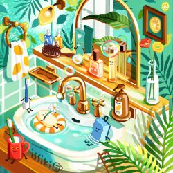 artist_name bath bathing bathroom bathtub bubble cup faucet flower food fruit holding holding_flower indoors innertube issiki_toaki leaf lemon mirror mug no_humans original partially_submerged picture_frame plant potted_plant red_flower rubber_duck shampoo_bottle shelf sink soap_bottle stool swim_ring toothbrush towel vase washbowl water white_flower window yellow_flower