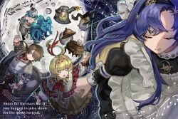 1boy 5girls :o absurdres apron beamed_eighth_notes beamed_sixteenth_notes black_background black_dress black_hairband black_jacket blonde_hair blue_eyes blue_hair brown_dress brown_hair cloak closed_eyes coat collared_dress colored_inner_hair ding_(vessel) dress english_text floating_hair frilled_apron frills from_above gloves green_eyes grey_coat grey_dress grey_jacket grin hair_ornament hairband half_note han_zhang_(reverse:1999) highres hissabeth jacket juliet_sleeves kiperina long_hair long_sleeves looking_at_another low_ponytail multicolored_hair multiple_girls musical_note musical_staff name_day_(reverse:1999) neckerchief newt outstretched_arm planet pointer_(reverse:1999) ponytail puffy_sleeves purple_eyes red_cloak red_neckerchief reverse:1999 salamander scarf school_uniform shirt short_hair sitamiyamiyako smile soviet_school_uniform star_(symbol) star_hair_ornament voyager_(reverse:1999) white_apron white_hair white_shirt windsong_(reverse:1999) yellow_eyes yellow_gloves yellow_scarf