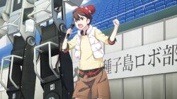 1girl bad_tag beanie brown_eyes brown_hair brown_shorts cardigan chair clenched_hand fukuda_tomonori furrowed_brow game_cg green_shirt hair_between_eyes hat highres holding holding_microphone looking_to_the_side mecha microphone non-web_source official_art open_mouth padded_vest plaid_clothes plaid_shirt plaid_sleeves pom_pom_(clothes) pom_pom_beanie red_hat red_shirt robot robotics;notes senomiya_akiho shirt shorts shouting solo stadium teeth tongue translation_request upper_teeth_only v-shaped_eyebrows vest white_vest winter_clothes yellow_cardigan