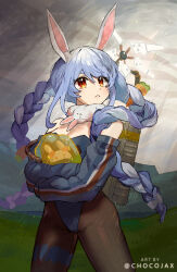 Rule 34 | 1girl, alternate costume, animal ears, backpack, bag, bare shoulders, blue hair, blue leotard, blue sky, box, braid, breasts, carrot, carrot hair ornament, chocojax, cleavage, clothing request, death stranding, death stranding 2: on the beach, detached sleeves, don-chan (usada pekora), food-themed hair ornament, fur scarf, grasslands, hair ornament, highres, hill, hololive, leotard, looking up, orange eyes, pekomon (usada pekora), playboy bunny, rabbit ears, short eyebrows, sky, strapless, strapless leotard, thigh strap, twin braids, usada pekora, virtual youtuber