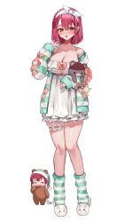 Rule 34 | 1girl, absurdres, aqua jacket, aqua socks, bow hairband, breasts, chest bow, cleavage, commentary request, cosplay, cross-laced clothes, cross-laced sleeves, dress, empire waist, frilled dress, frilled thigh strap, frills, full body, hairband, hand up, heterochromia, highres, holding, holding stuffed toy, hololive, houshou marine, jacket, large breasts, looking at viewer, loungewear, multicolored jacket, off shoulder, open mouth, red eyes, red hair, rum raisin (chihiromakita19), shiranui flare, shiranui flare (cosplay), shiranui flare (loungewear), short dress, simple background, sleeves past wrists, slippers, socks, solo, striped clothes, striped jacket, striped socks, stuffed animal, stuffed toy, teddy bear, thigh strap, two-tone jacket, two-tone socks, virtual youtuber, white background, white dress, white hairband, yellow eyes