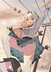 2girls absurdres artist_name black_gloves black_hairband bluecloud137 cable camera clothes_lift commentary firefly_(honkai:_star_rail) firefly_(spring_missive)_(honkai:_star_rail) gloves gradient_sky green_skirt grey_hair hairband highres holding holding_camera honkai:_star_rail honkai_(series) long_hair midriff_peek multiple_girls navel official_alternate_costume origami_bird_(honkai:_star_rail) outdoors panties recording school_uniform shirt skirt skirt_lift sky stelle_(honkai:_star_rail) thighhighs thighs trailblazer_(honkai:_star_rail) underwear white_panties white_shirt white_thighhighs