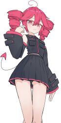 1girl :3 ahoge bare_legs bare_shoulders black_panties black_shirt black_skirt black_sleeves blush breast_pocket bright_pupils buttons cowboy_shot demon_tail detached_sleeves drill_hair gluteal_fold hair_between_eyes hand_up highres kasane_teto kasane_teto_(utau) looking_at_viewer midriff_peek miniskirt panties pantyshot pleated_skirt pocket red_eyes red_hair red_trim shirt sidelocks simple_background skirt skirt_set sleeveless sleeveless_shirt smile split_mouth standing tail thigh_gap thighs thinker25075754 twin_drills underwear utau white_background white_pupils